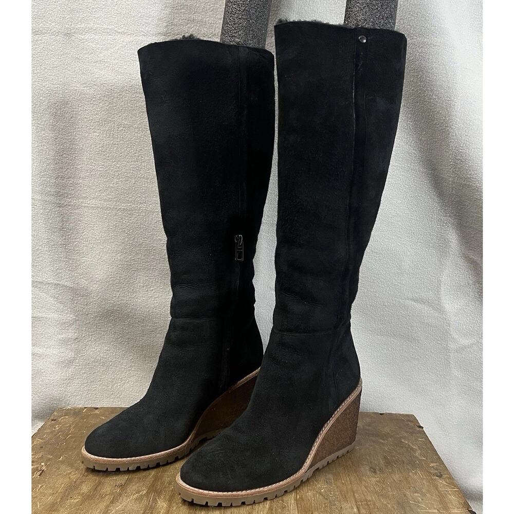 Coach Keely Knee Boots Suede Leather Shearling Lined Wedge Heel Womens 6.5 Black